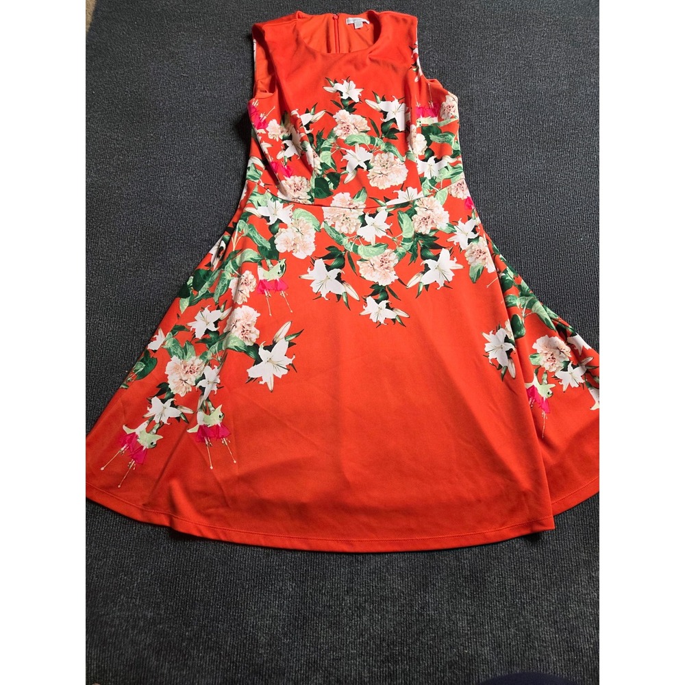 New York & Company Women Orange Floral Lily Fit and Flare Dress Sleeveless L
